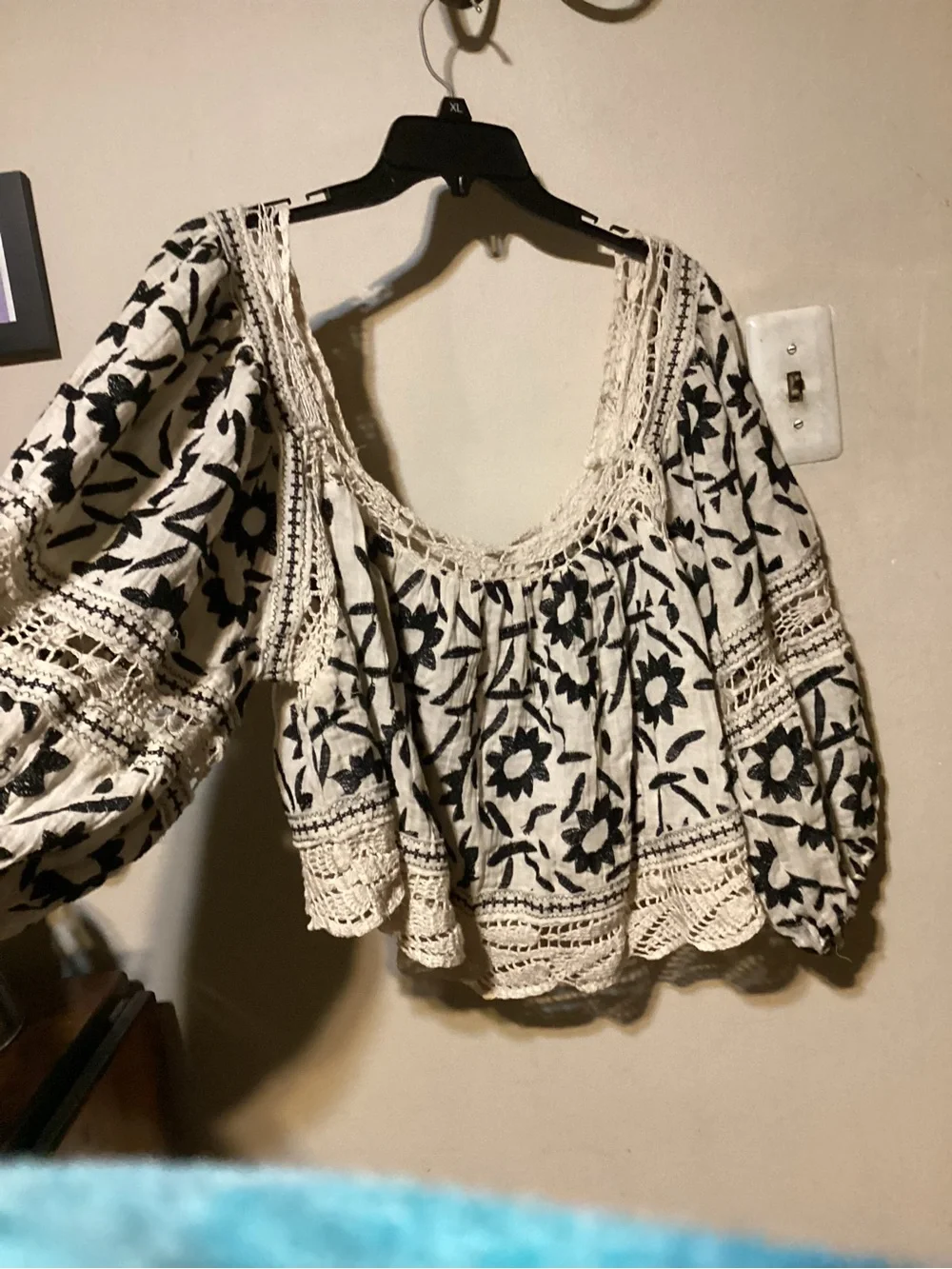 Free People Boho Cream Tunic with Black Floral Embroidery Size L